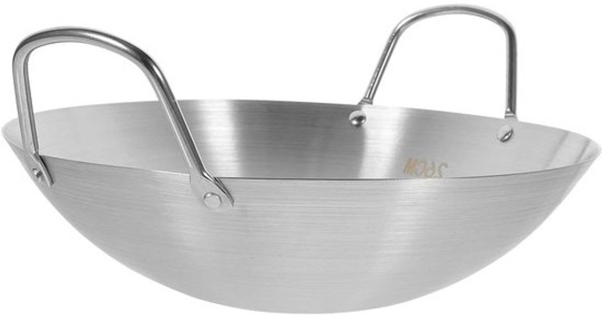 Roestvrijstalen Wokpan - Diepe Pan Koekenpan - Roerbakken en Braden - Dubbele Handgrepen - 486 Grams - Zilver