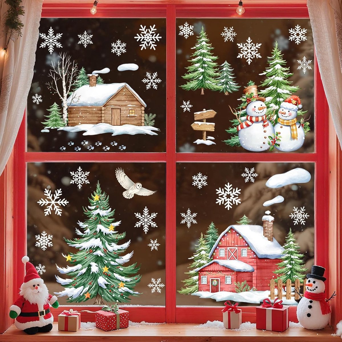 Winterse Raamdecoratie met Dorpstafereel, Sneeuwman en Dennenboom - Herbruikbare Stickers voor Kerstmis en Feestdagen