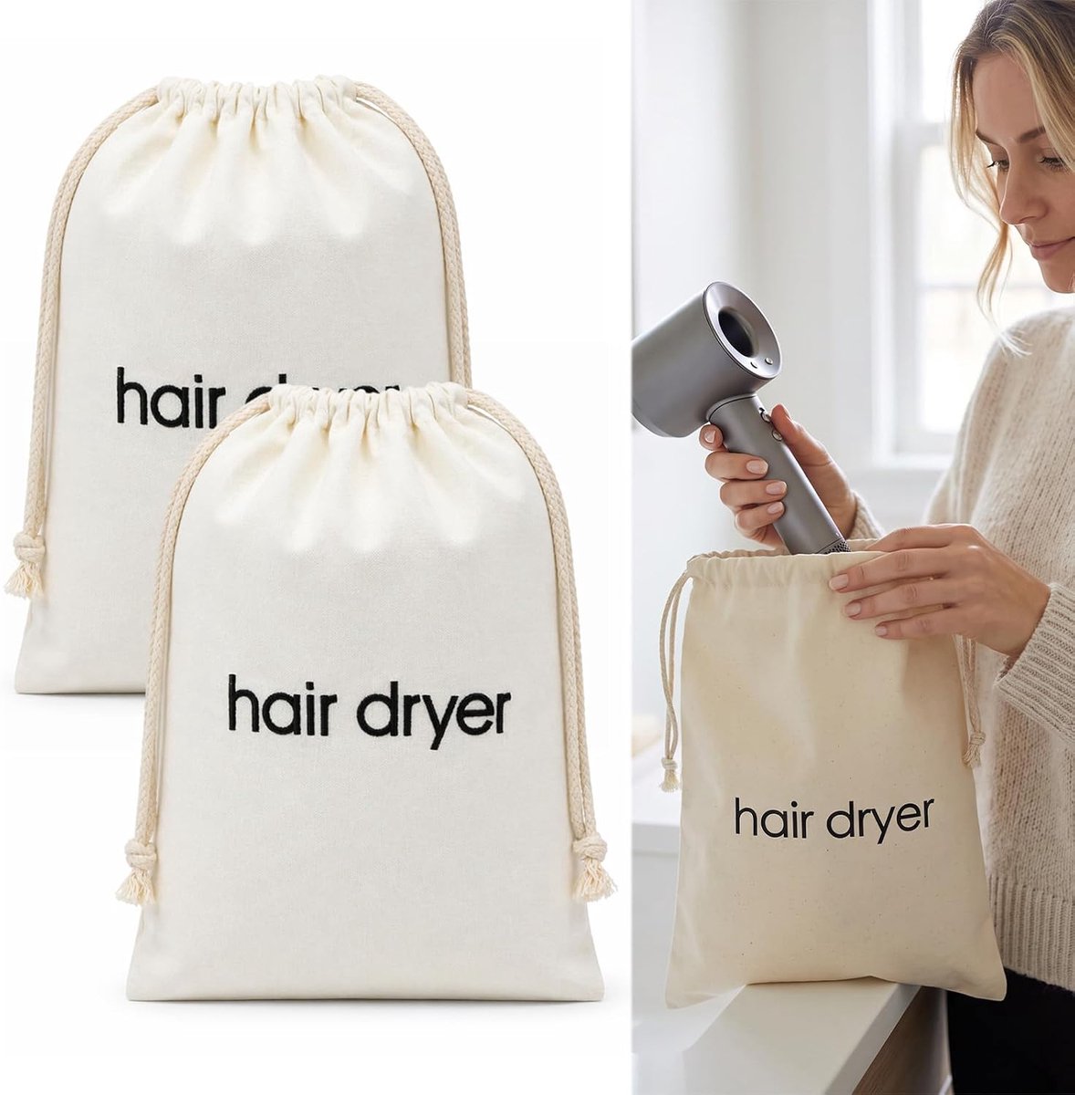 Haardroger - 2 stuks - Materiaal polyester - Kleur wit - Voor dagelijkse verzorging thuis in de salon of onderweg - Praktische uitvoering voor gericht en overzichtelijk gebruik - Eenvoudig op te bergen bij verzorgingsproducten en accessoires -33×30cm