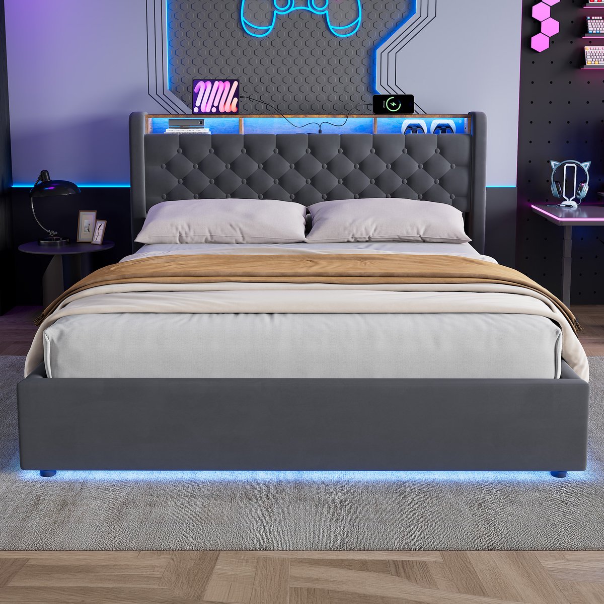 MEUNIQ Gestoffeerd opbergbed 160x200 cm met opklapbare bedbodem, trekkoord en opberghoofdbord, fluwelen bedframe, donkergrijs