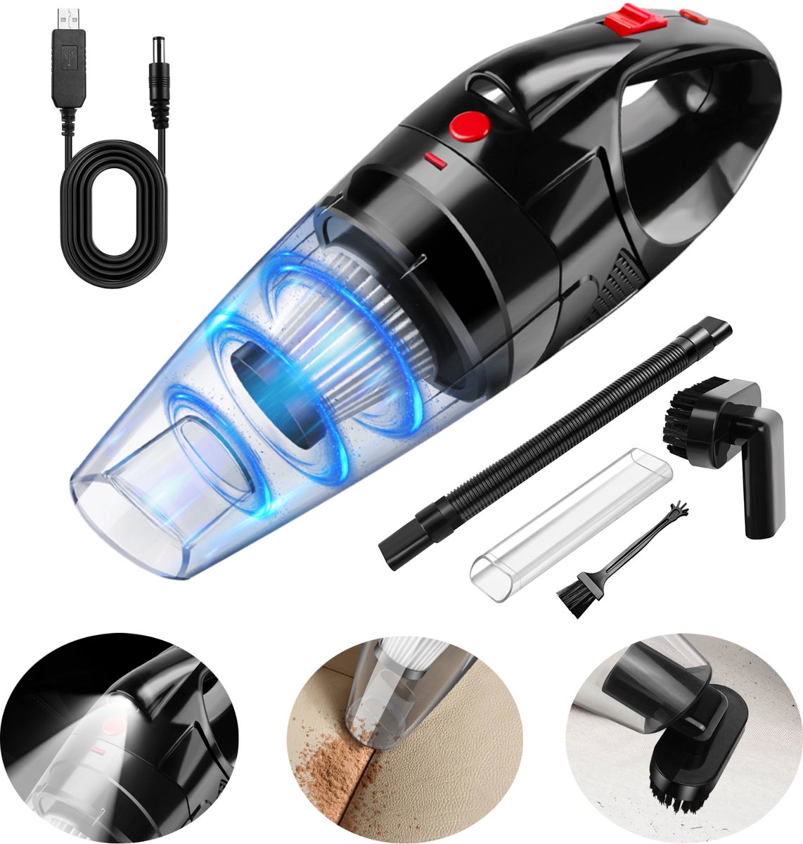 Handheld autostofzuiger oplaadbaar, draagbare stofzuiger met LED‑lamp, wasbaar HEPA‑filter, meerdere opzetstukken, voor auto en thuisreiniging