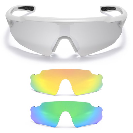 Witte sportzonnebril met twee vervangende lenzen: goud-geel en groen-blauw spiegelend.