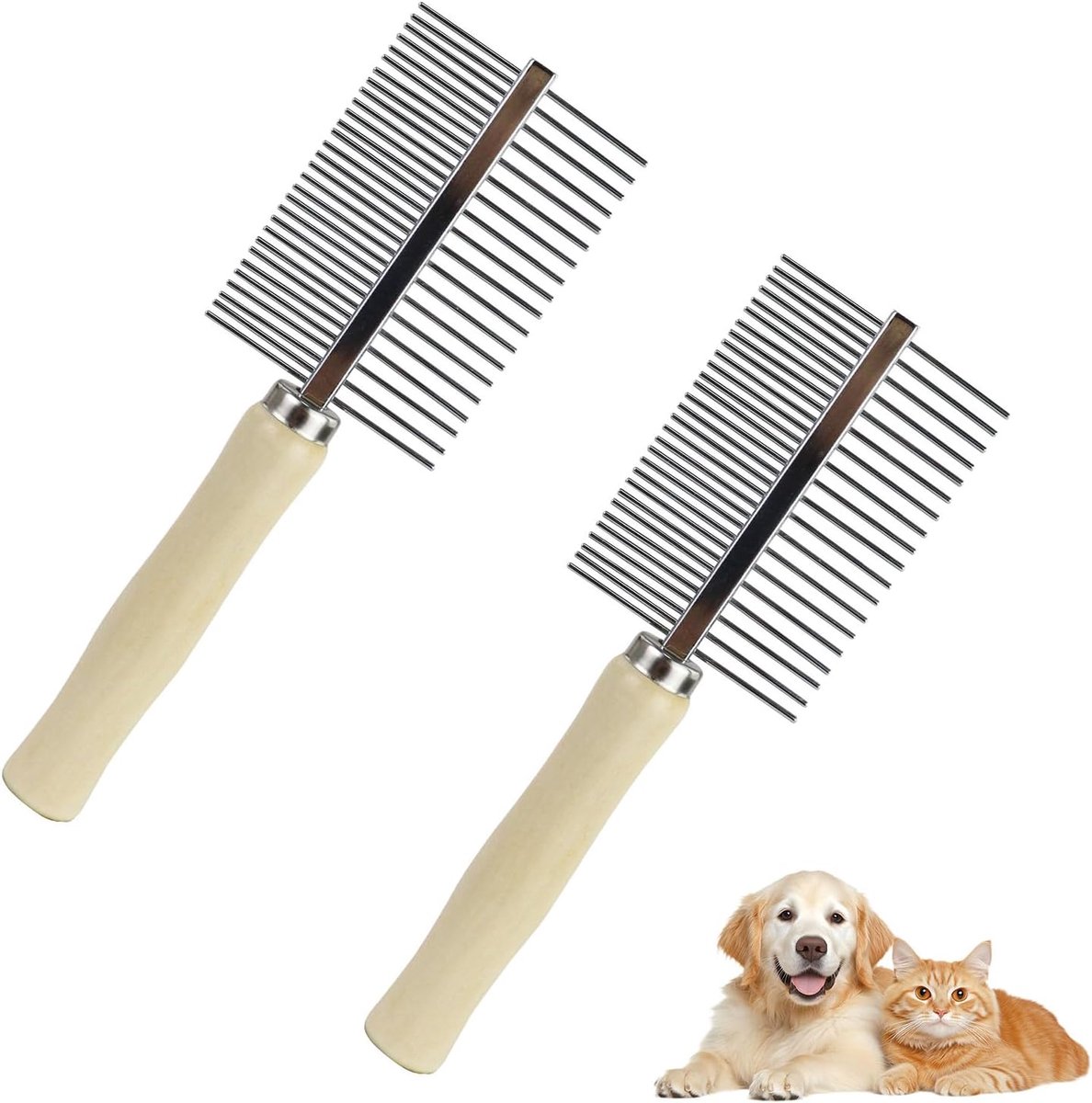 2 stuks kattenkam, 2-in-1 roestvrij stalen vachtborstel kat met comfortabele grip, ronde punt kattenborstel voor het inmasseren en verwijderen van traan- en haarvlekken (2, geel)