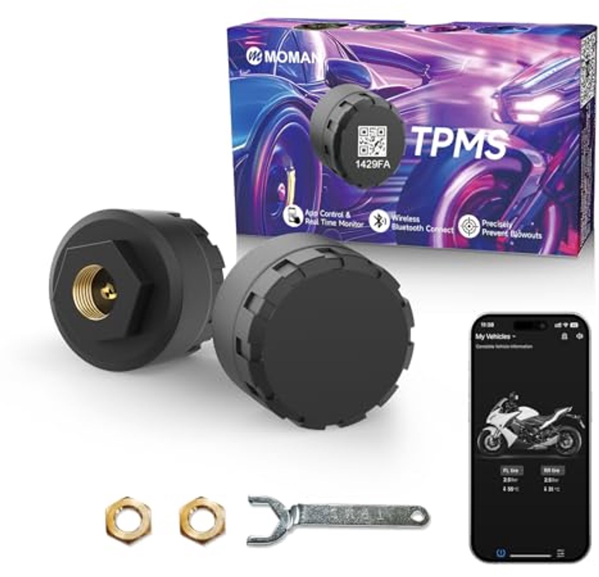 Bandenspanningscontrolesysteem Motor, Set van 2 Draadloze Sensoren, Bluetooth App Monitoring, Temperatuurwaarschuwing, Compatibel met iOS en Android, Eenvoudige Installatie