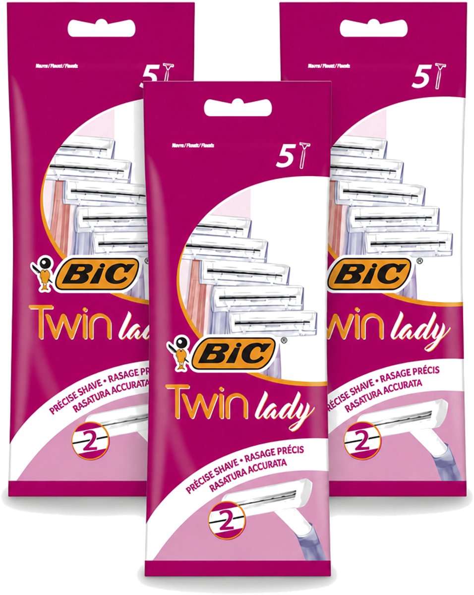 3 x Bic - Twin Lady - Scheermesjes - Dubbel Mesje - Wegwerpmesjes - 5 Scheermesjes - Bulkverpakking - 3 stuks