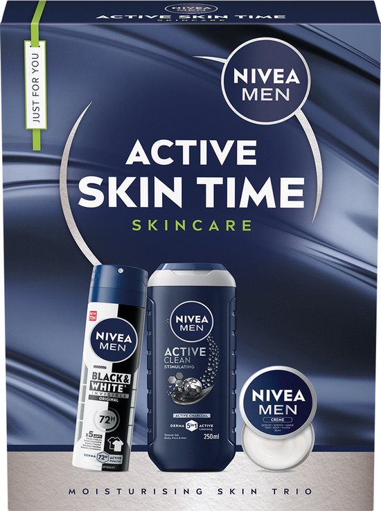 NIVEA MEN Active Skin Time geschenkset met Active Clean douchegel, Black & White deodorant en Nivea Men crème.