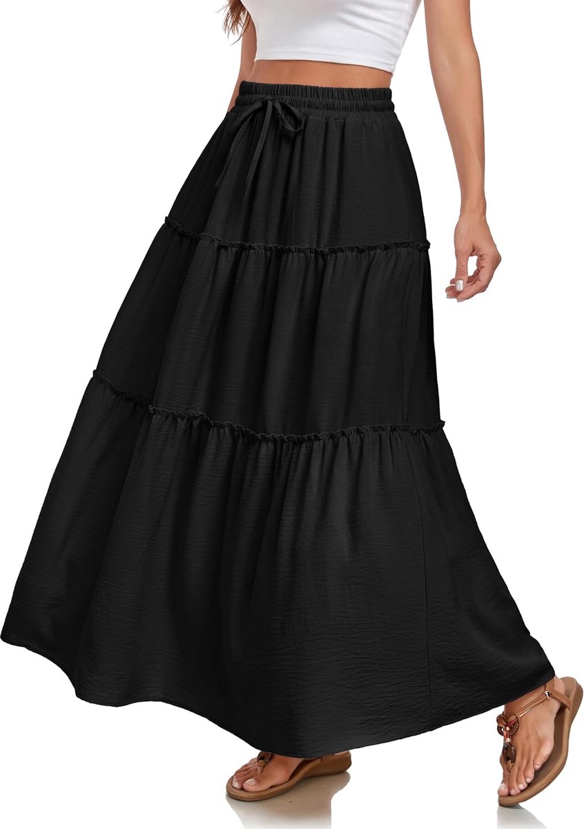 Rokken A-Lijn Elegante Hoge Taille met Ruches Maxi-Rok Met Trekkoord Zomer Elastische Casual Met 2 Zakken
