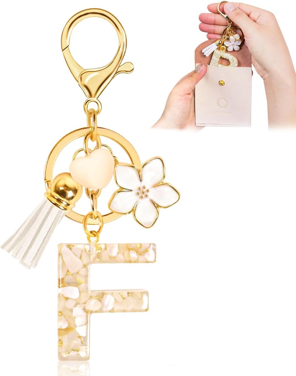 Dames, initiaal sleutelhanger voor meisjes, met letters, cadeau voor personalisatie, met hart- en bloemenhanger, beige