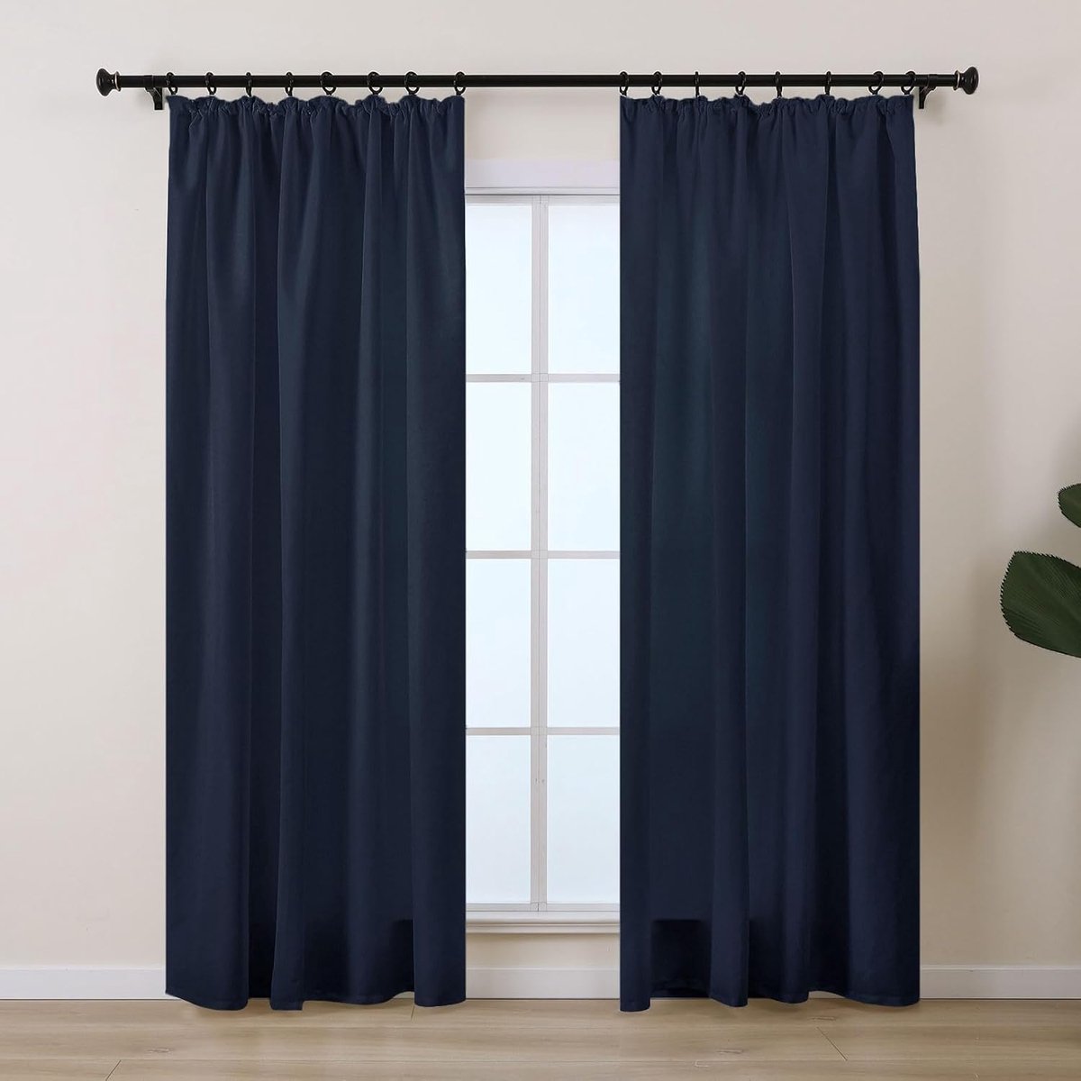 Donkerblauwe gordijnen met plooiband, kort, ondoorzichtig, 65% lichtdoorlatend, raamgordijnen, railsysteem voor slaapkamer en woonkamer, 145 cm lang, katoenlook, dun