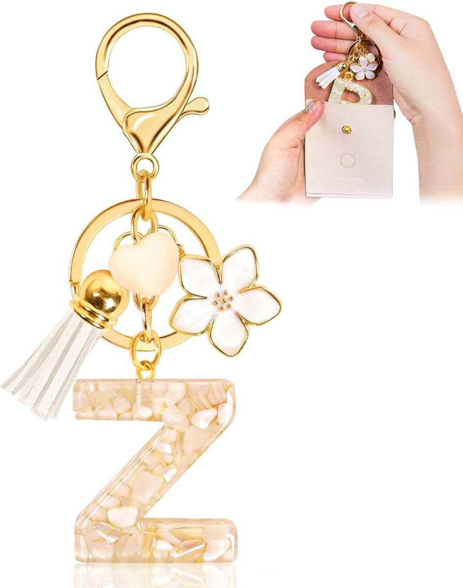 Dames, initiaal sleutelhanger voor meisjes, met letters, cadeau voor personalisatie, met hart- en bloemenhanger, beige