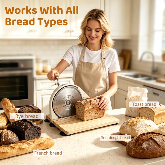 CINK & Co Handmatige broodsnijmachine met handkruk - Instelbare snijdikte - Inklapbare broodsnijder met RVS snijgereedschap - Beige — afbeelding 2
