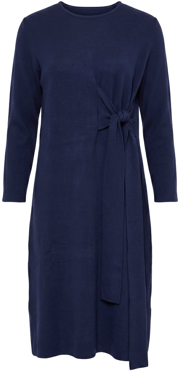 Ulla Popken - Dames - Gebreide maxi- jurk sierlijke strik ronde hals - Marine - Maat 46+