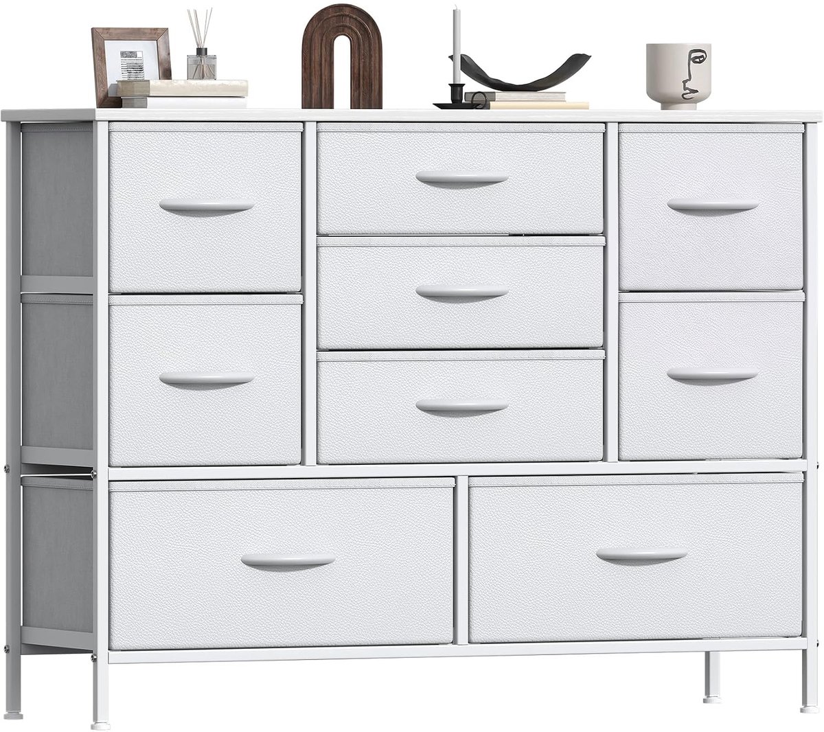 Ladekast wit - 9 stoffen lades in 3 formaten met leerlookfronten - MDF-blad - Voor slaapkamer en woonkamer - Verstelbare voeten - 100 x 30 x 76 cm