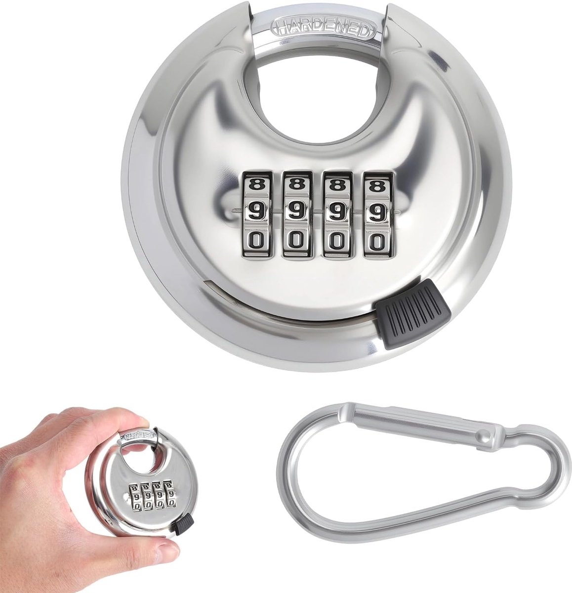 Cijferslot, hangslot, roestvrij staal, 70 mm, rond beugelslot met cijfercode en karabijnhaak, weerbestendig, anti-snij, combinatieslot voor fiets, helm, bagage, outdoor, camping, reizen