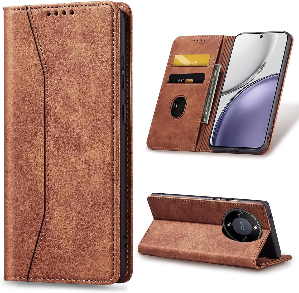 Hoesje voor Honor Magic 8 Lite Case, Premium Lederen Flip Wallet Case met Magnetische Portemonnee Cover [Kaartsleuven] [Kickstand] Opvouwbare Leer Beschermhoes, Bruin