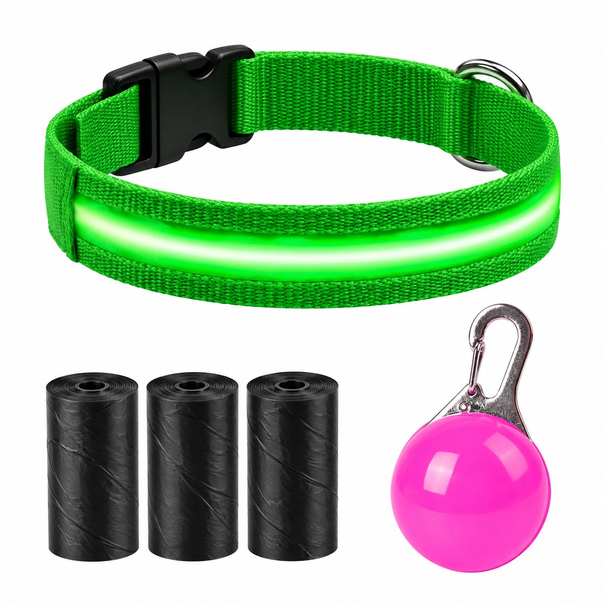 Professor Q LED Halsband Hond - Groen XS (28–32 cm) - Roze LED Lampje + 45 Poepzakjes - Nylon USB Oplaadbaar