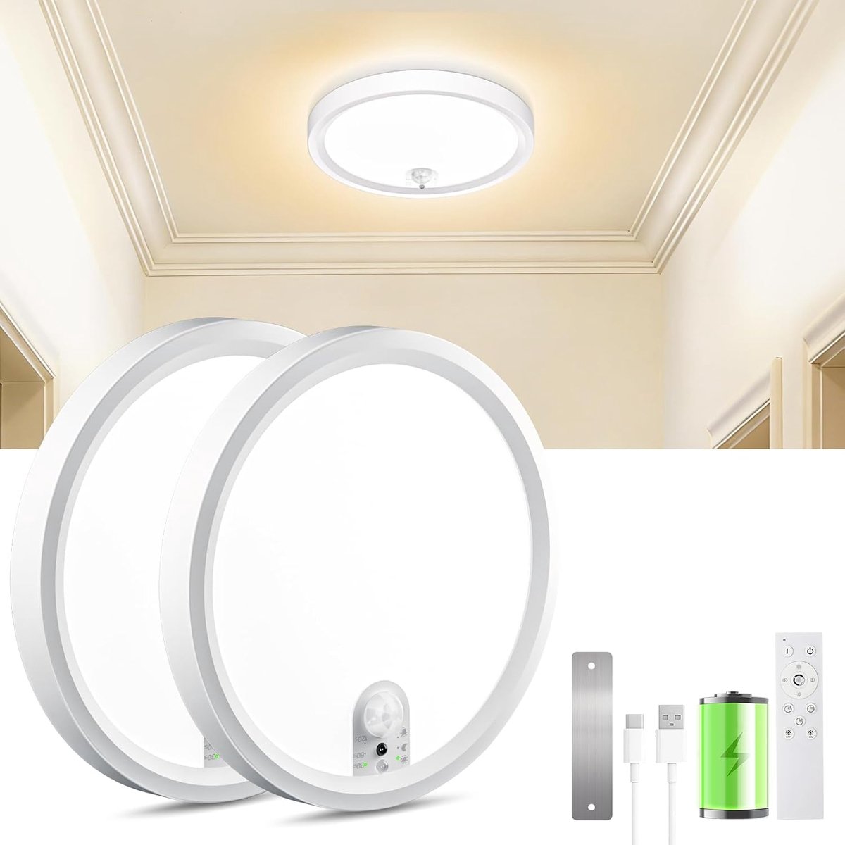Plafondlamp LED plafondlamp batterij met bewegingsmelder 2 stuks