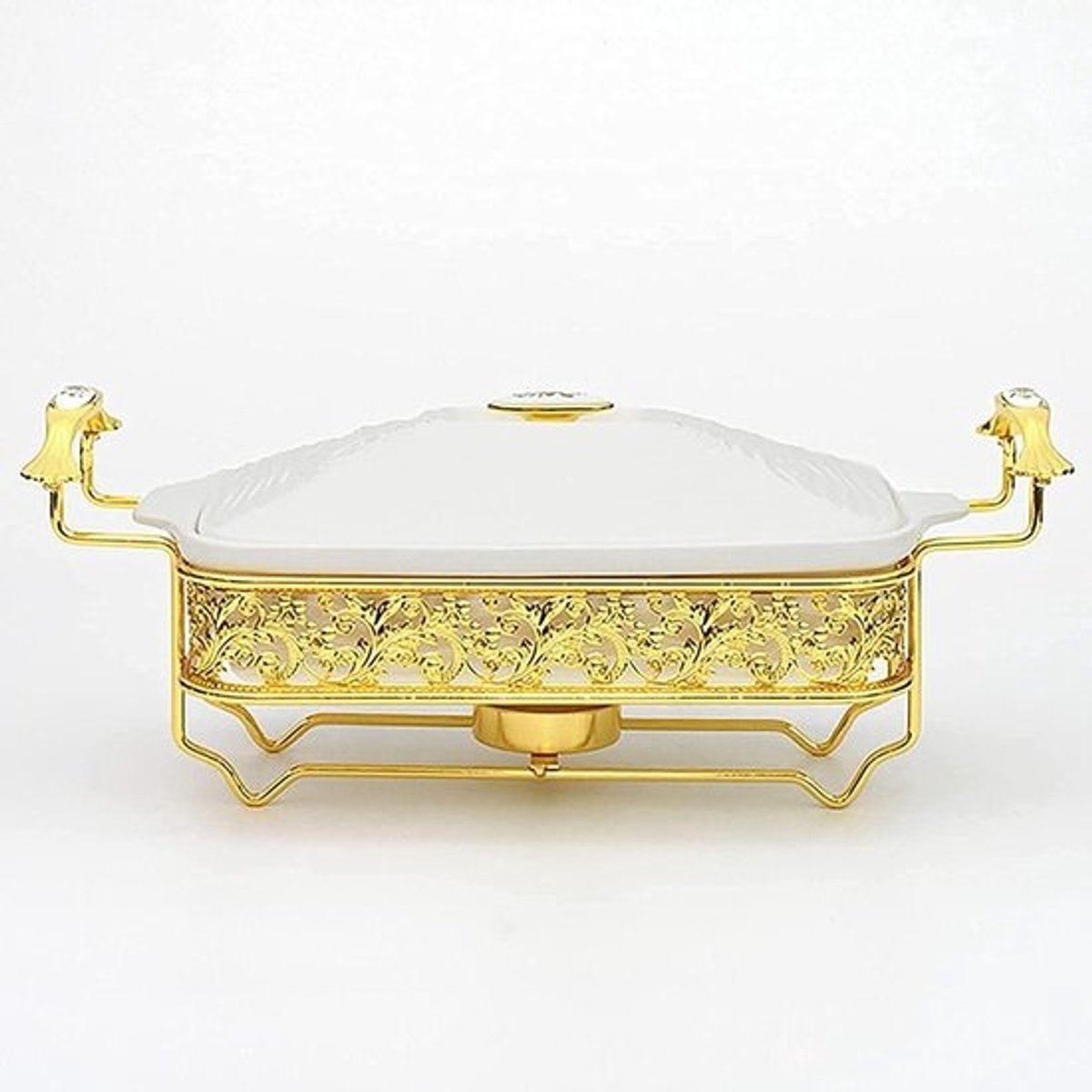 Voedselverwarmer voor feestbuffetten, voedselwarmhoudplaat Chafing Dish Buffetset, gouden waterpatroon roestvrijstalen Chafer Rechthoekige Chafer Dish Set met keramiek Chafing Food Pan (2,5L)