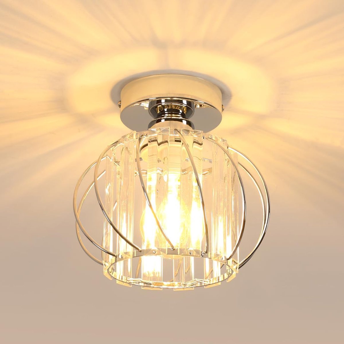 Plafondlamp Kristal Modern, E27 Plafondlamp Vintage met Kooivormige Lampenkap voor Hal Slaapkamer Woonkamer, Gloeilampen niet inbegrepen