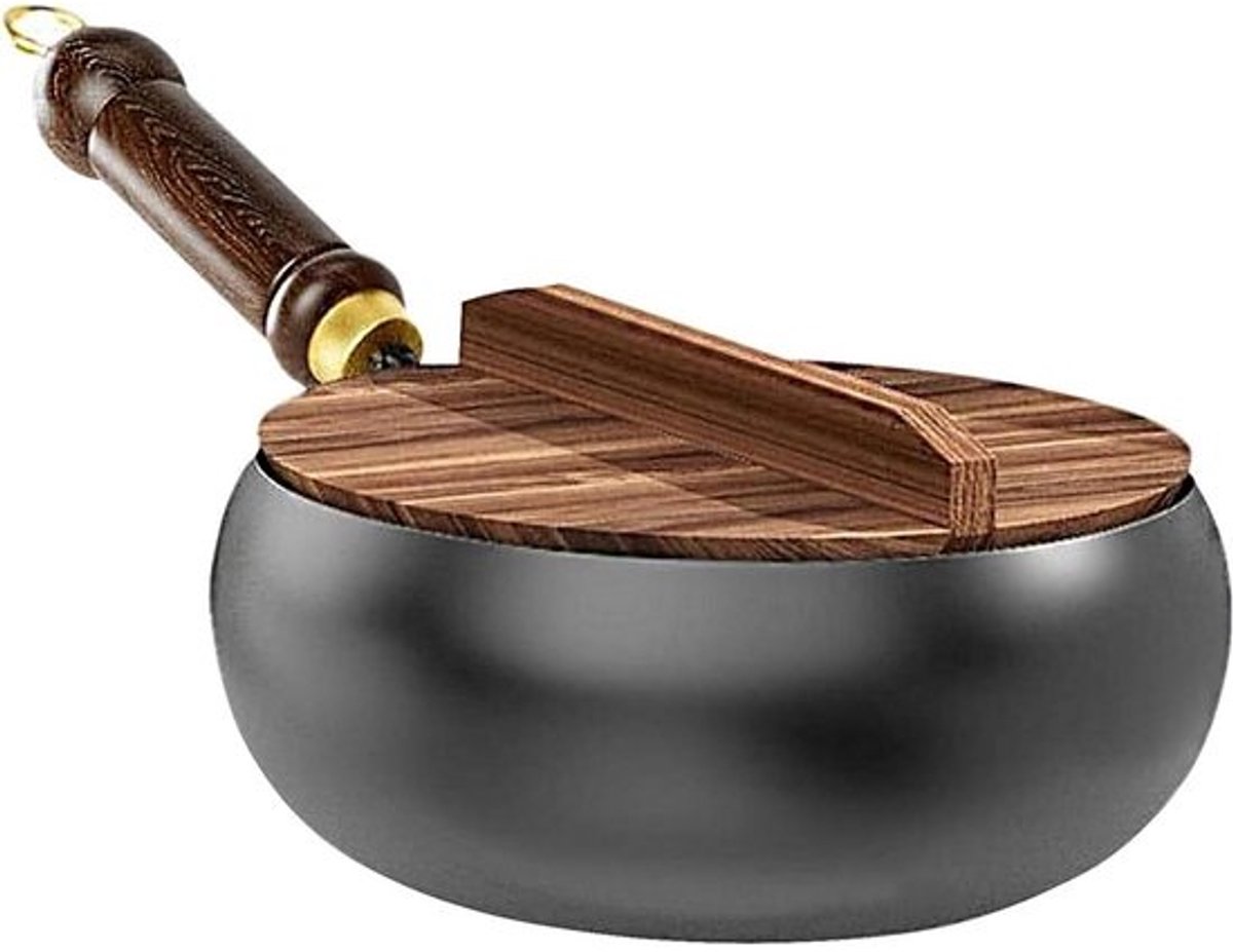 Japanse Wokpan - Koekenpan Roerbak - Gezond Koken - Handgesmeed IJzer - 28 cm Diameter - Houten Deksel