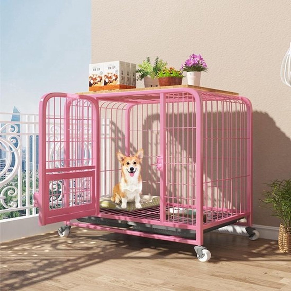 Hondenbench met Wielen - Hondenkooi Draagbaar - Veilig Huisdier - Automatisch Sluitsysteem - 95x65x86cm - Roze