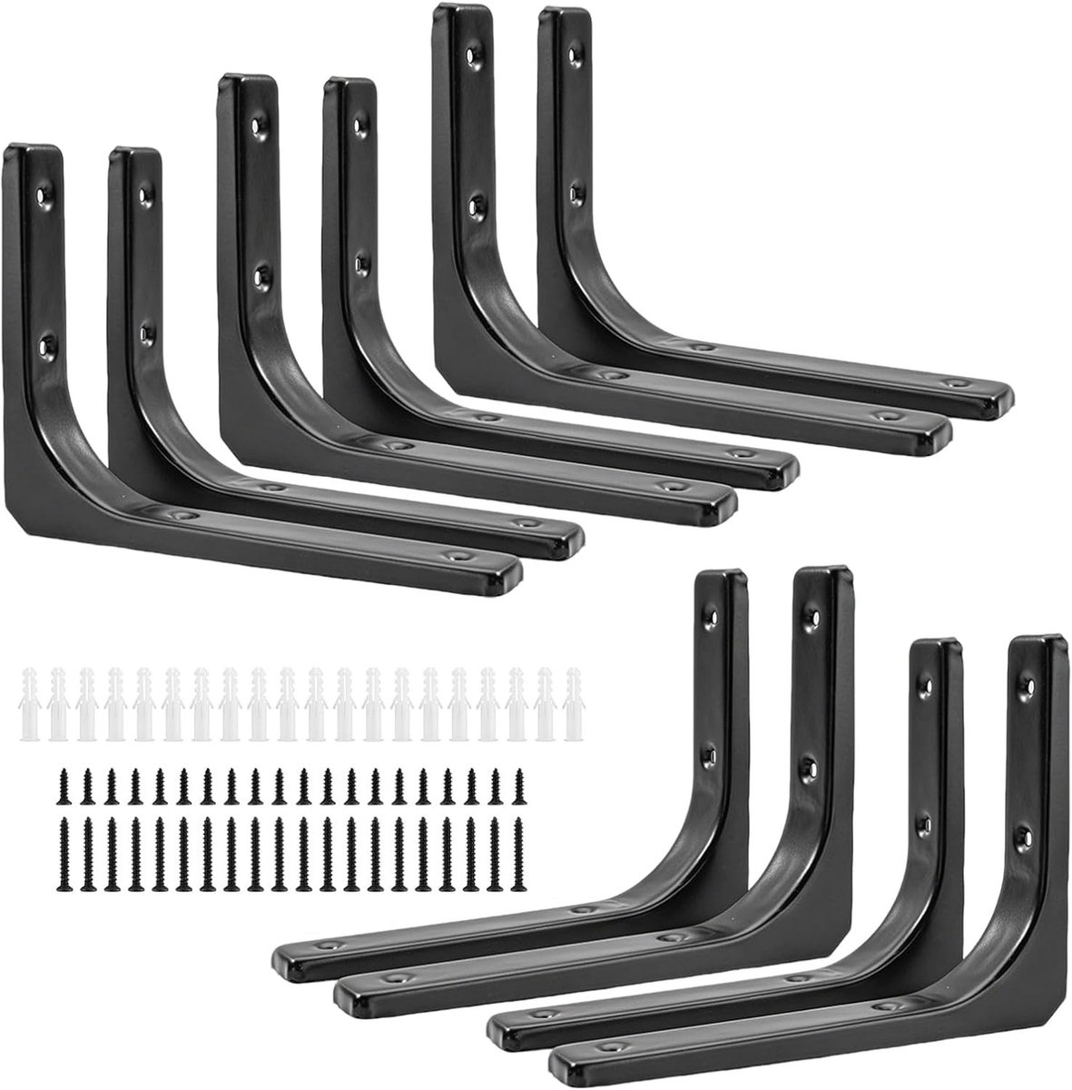 Hoekige Plankhouders voor Muurmontage, 8 Stuks, 250 x 300 mm, Zwart Metaal, Ideaal voor DIY Projecten en Opbergruimte, Inclusief Montageaccessoires