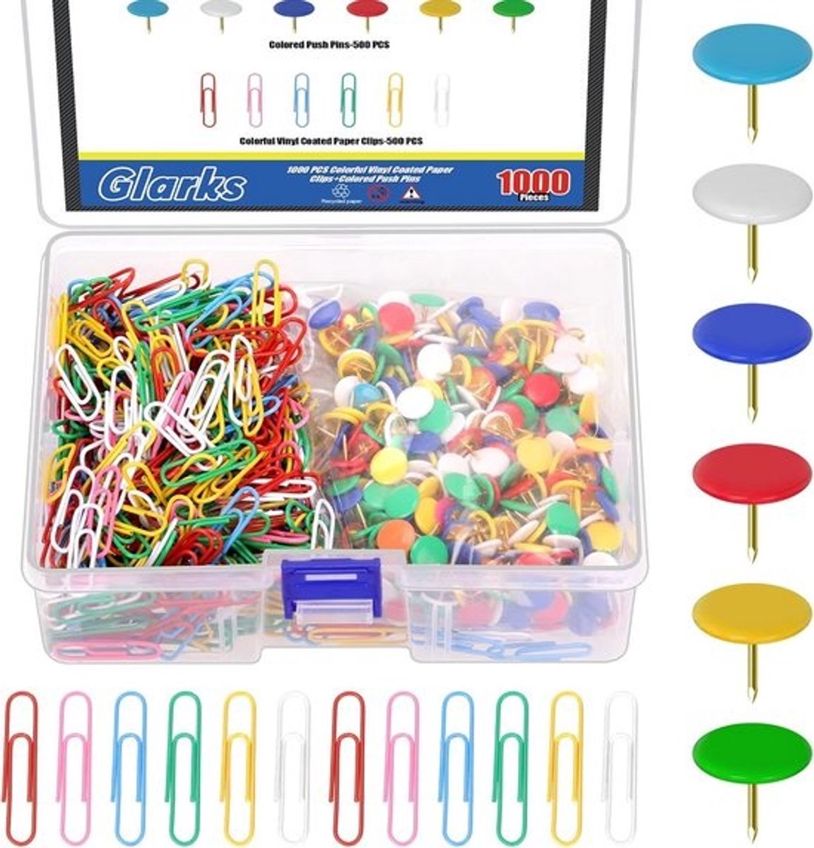 1000 Stuks Gecoate Paperclips en Platte Duimspijkers in Diverse Kleuren voor Kantoor en Thuis