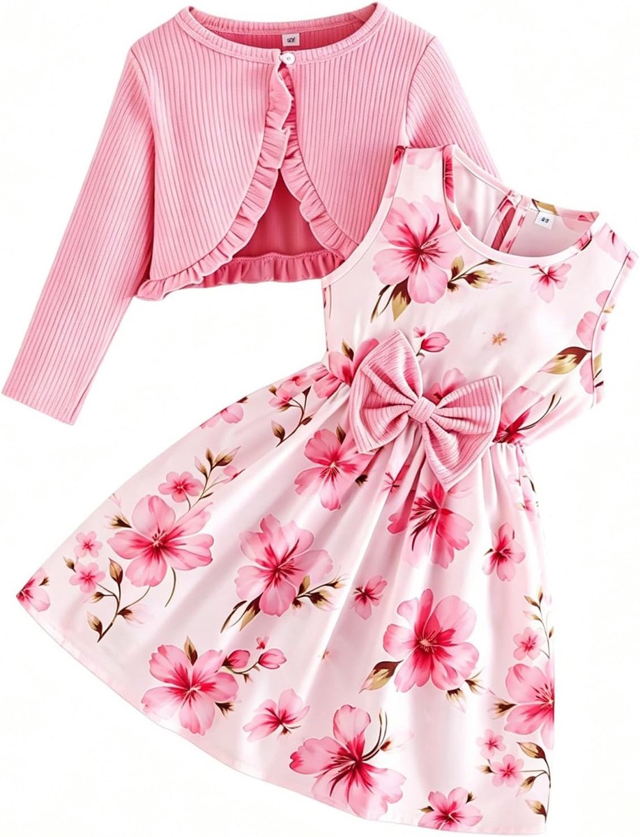 Set voor peutermeisjes met jurk en vest bloemenprint mouwloos jurkje vestje ruches outfit met lange mouwen orvo meisjes van 2-8 jaar