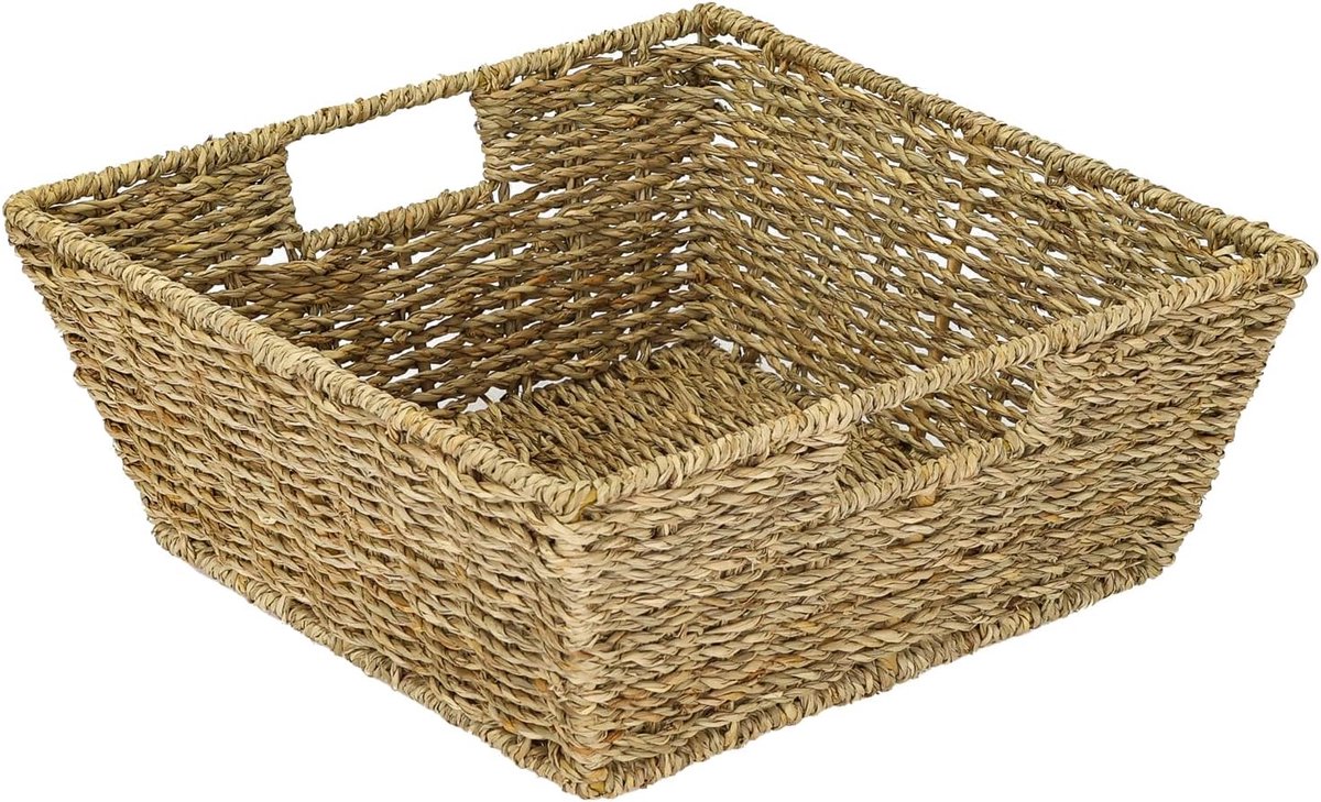 Geschenkmand leeg, opbergmand gevlochten van zeegras met handgrepen, rechthoekig, 30 x 30 x 12 cm, natuurlijke kleuren