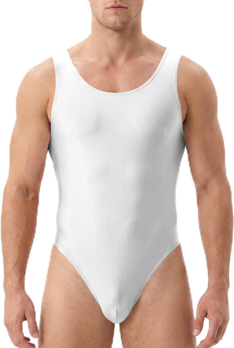 Mouwloze Glanzende Bodysuit, Stretch Turnpakje met U-Hals en Lage Rug voor Gymnastiek, Dans en Yoga - Wit