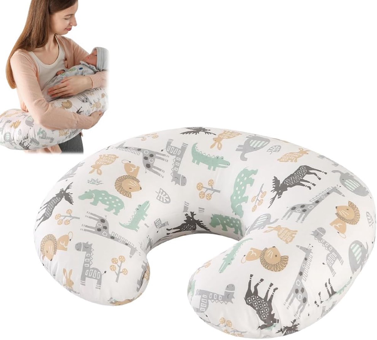 Voedingskussen, voedingskussen, zwangerschapskussen, steunkussen, voedingskussen voor moeder en baby, zwangerschapskussen met 100% katoenen overtrek, dierenwereld