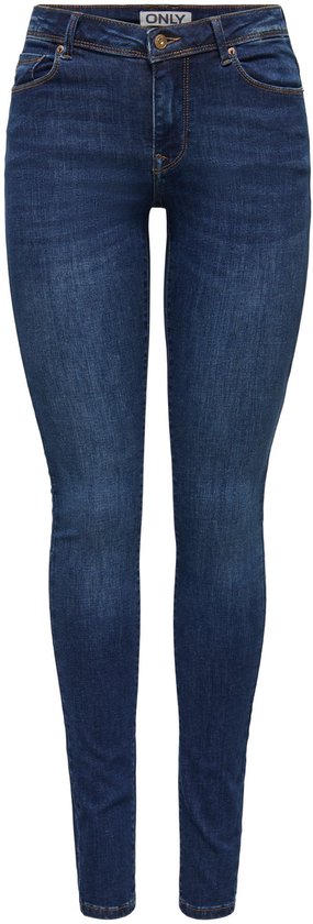 Voorkant van een donkerblauwe skinny jeans met het 'ONLY'-label in de tailleband.