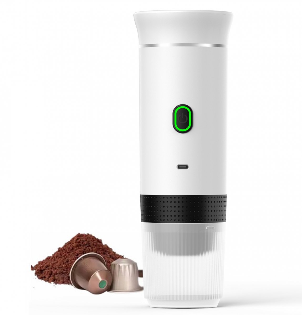 Draagbaar Koffiezetapparaat voor Onderweg - Draadloos voor in de Auto - 12 Volt - Espresso - Nespresso - Dolce Gusto - Capsule Koffie - Gemalen Koffie - Cups - Oplaadbaar - Draagbare Koffiemachine - Wit