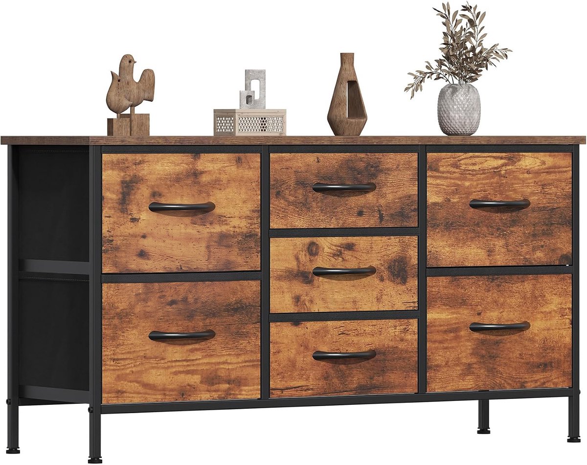 Lage industriële ladekast met 7 stoffen lades - Vintage bruin/zwart - Voor woonkamer en slaapkamer - Verstelbare voetjes - 100 x 30 x 54 cm