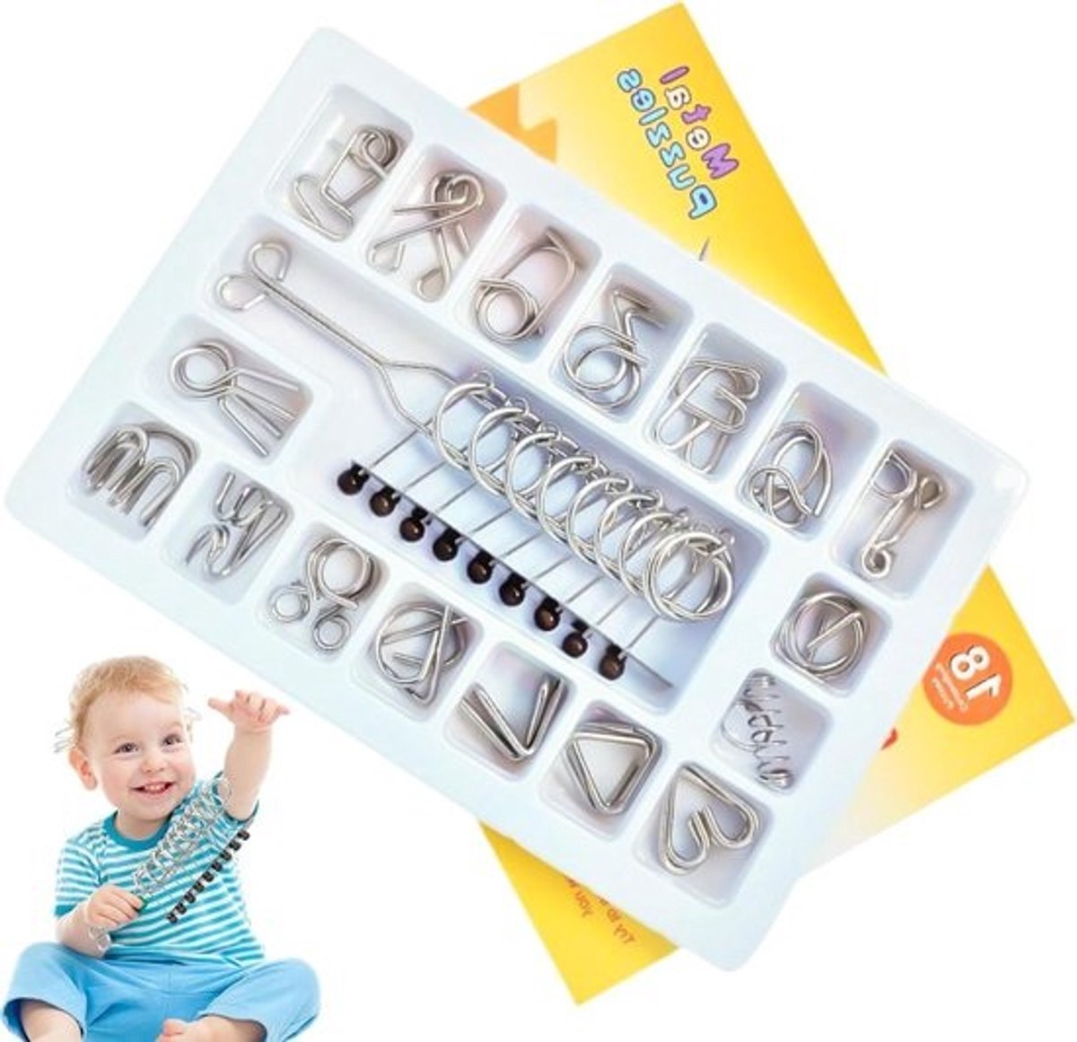 Metalen Draadpuzzels - Hersenkrakers Set - Vaardigheden Ontwikkelen - 18 Verschillende Puzzels - 5 cm - Zilverkleurig