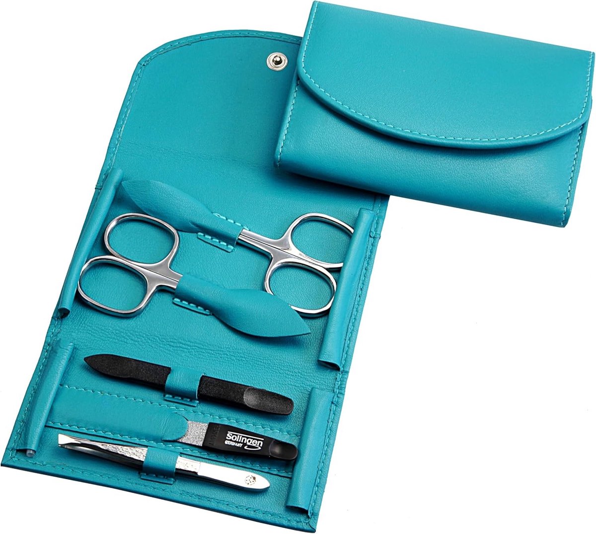 Nagelverzorgingsset - Turquoise - 115 x 78 mm - Echt Nappa-Lamsleer Manicure Etui - Voor Mannen en Vrouwen