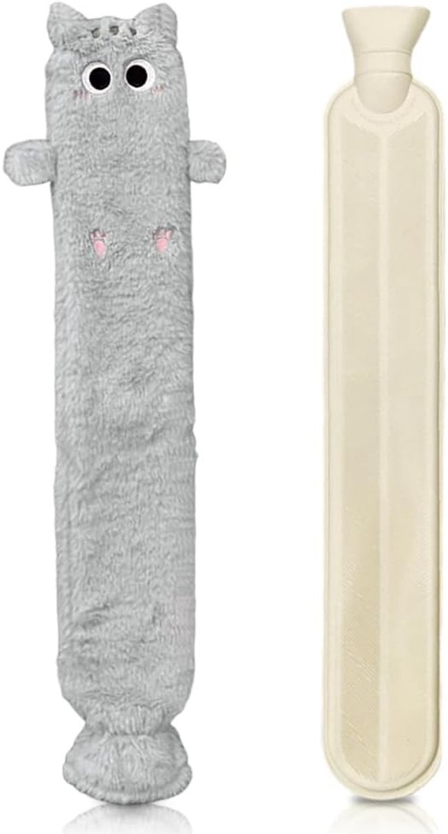 Lange Warmwaterkruik - Grijs - 75 cm - Pluche Warmwaterkruik met Deksel - Voor Ontspanning en Warmte