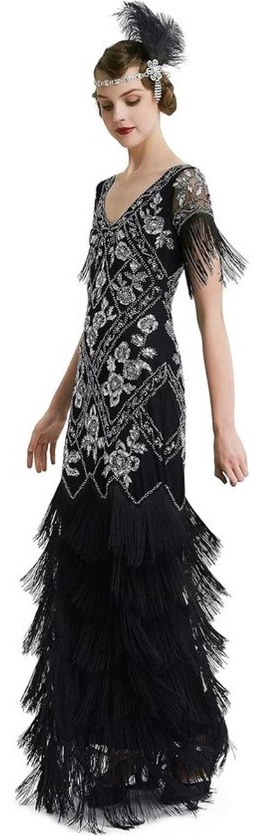Flapper Jurk - Avondjurk Maxi - Feestelijke Gelegenheid - Gedetailleerd Geborduurd - Vloerlengte - Zwart Zilver