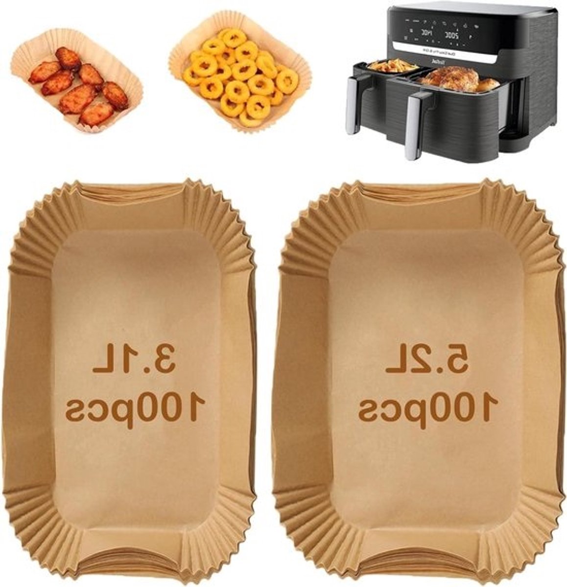 Wegwerp Airfryer Bakjes - Papieren Voeringen - Koken Zonder Schoonmaken - Speciaal voor Dubbele Mand - 200 Stuks - Natuurlijk