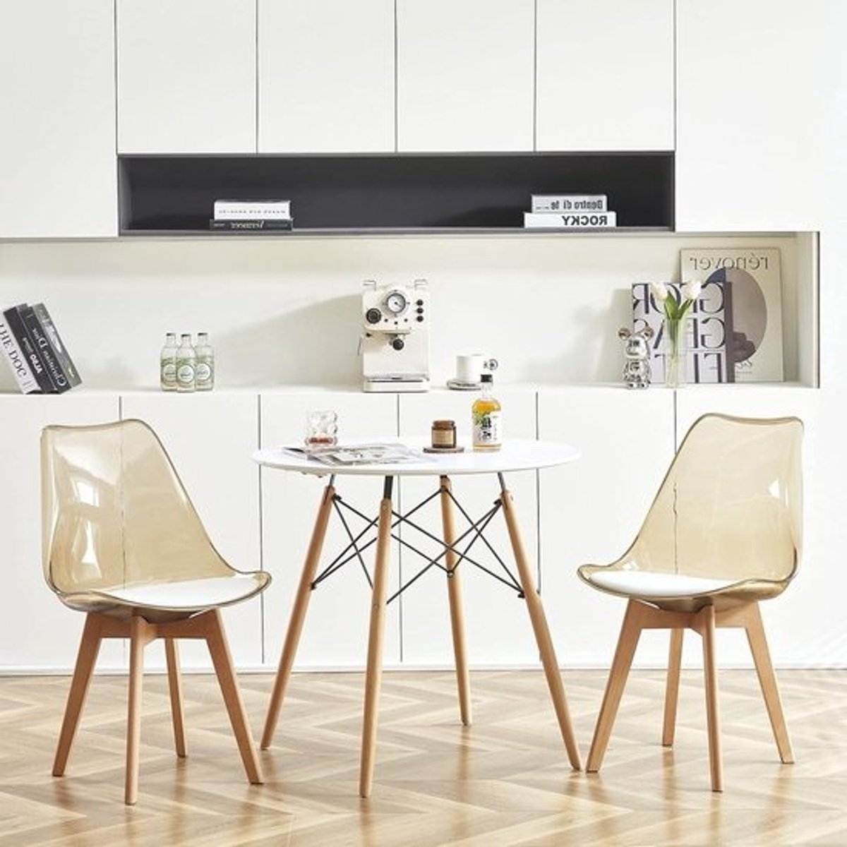 Eetkamer Set - Tafel met stoelen - Gezellig eten - Verstelbare voetdoppen - 80 x 80 cm - Wit en transparant