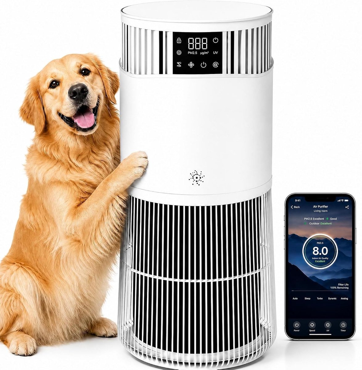 Luchtreiniger met HEPA + actieve koolfilter, CADR 490 m³/h voor maximaal 50 m², auto en app, 24 dB stille slaapmodus, PM2,5-display, aromatherapie, timer, kinderbeveiliging, voor mensen met allergieën