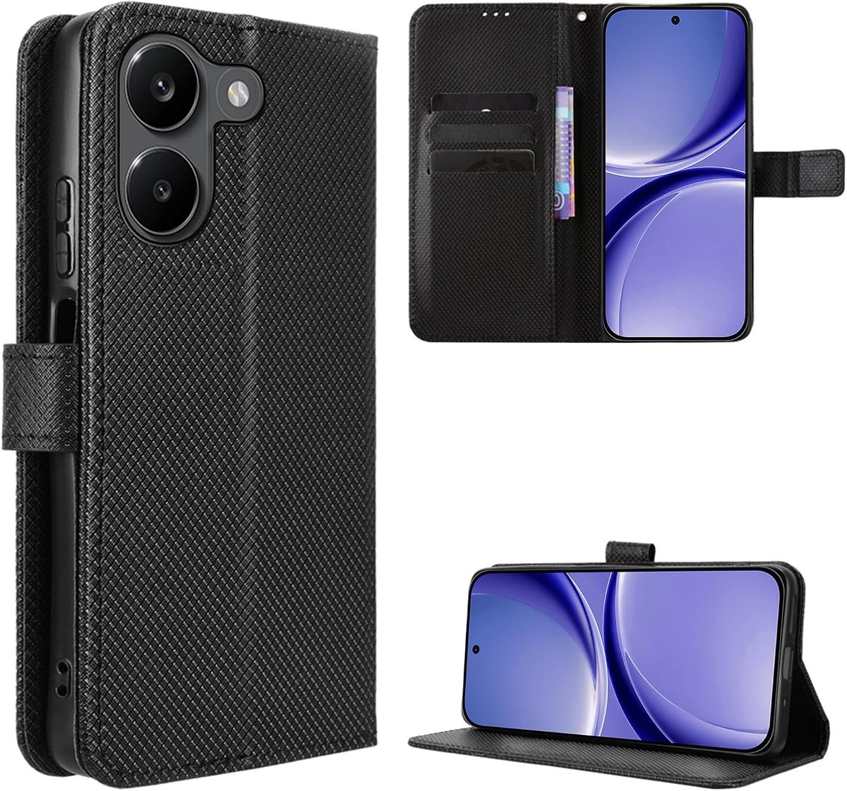 Hoes voor Xiaomi Poco X8 Pro 5G, telefoonhoes, stootvast, case cover in premium koolstofvezel, met inklapbare flip standfunctie en kaartsleuven, zwart