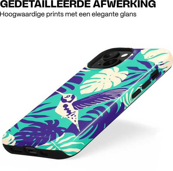 Telefoonhoesje met een tropische print van een kolibrie in teal, paars en crème.