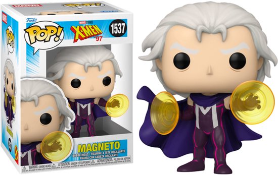 Magneto Funko Pop! figuur met paarse mantel, paarse outfit met M-logo, en gouden schijven in handen.