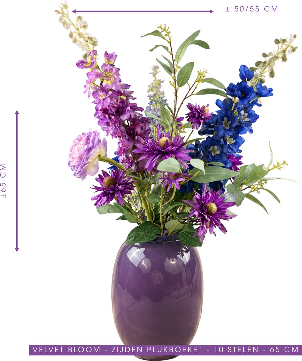 Bloemboetiek Velvet Bloom – Kunstbloemen – Bloemen – Zijden bloemen boeket – Luxe kunstbloemen plukboeket – Paars, lila, blauw en groen – 65 cm – 10 stelen – Vaas niet inbegrepen — cadeau in Wonen & Interieur - foto 7