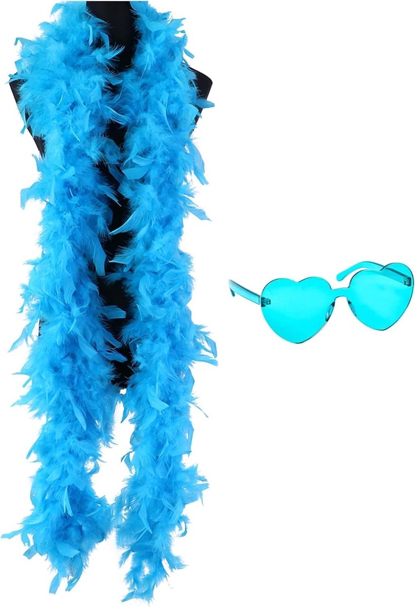 2 Meter Veren Sjaal Kostuumaccessoire Donzige Verenboa met Feestbril Verenboa's voor Vrouwen Kalkoenverenboa's Decoratie voor Bruiloft,Verkleedfeest,Cosplay,Carnaval(Blauw)