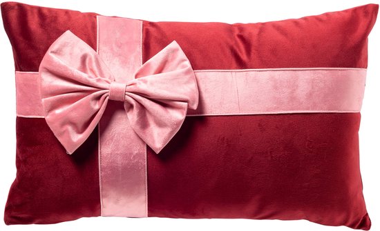 Rood fluwelen kussen met roze strik, 30x50 cm.