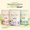 Drie Special Leaves theeverpakkingen: 'Eastern Chai', 'Sweet Treat' en 'Green Sense'. 100% Organisch.