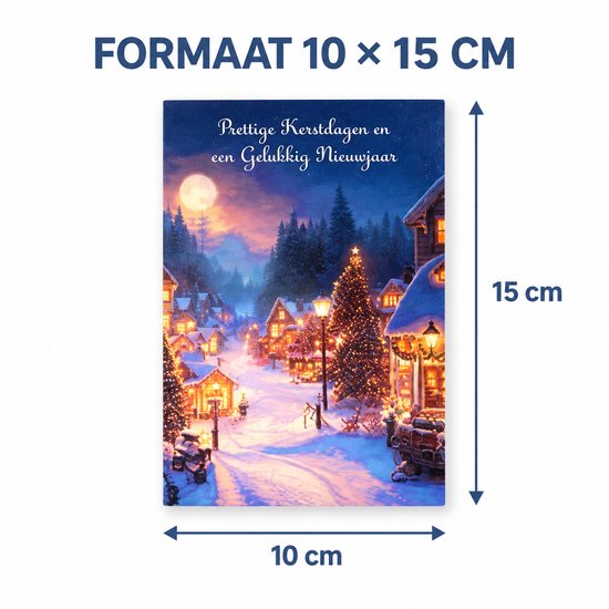 Kerstkaart met verlichte besneeuwde dorpsstraat met kerstboom. Formaat 10x15cm.