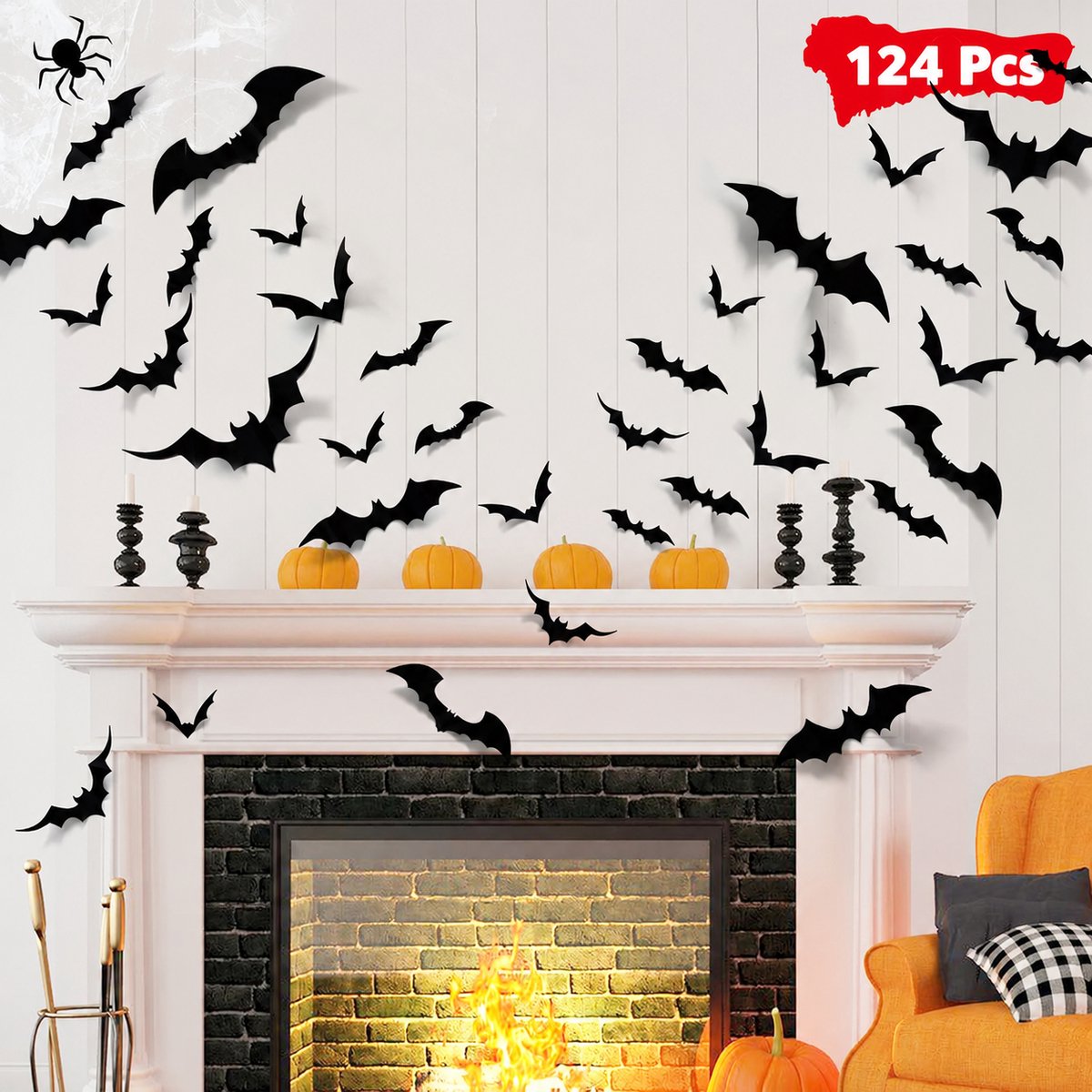 Vleermuizen Wanddecoratie Set Van 124 - Zwarte 3D PVC Decoratie - 5 Maten - Met Dubbelzijdige Tape - Voor Halloween & Themafeesten